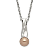 Stainless Steel Polished Champagne Simulated Pearl & CZ Pendant Necklace